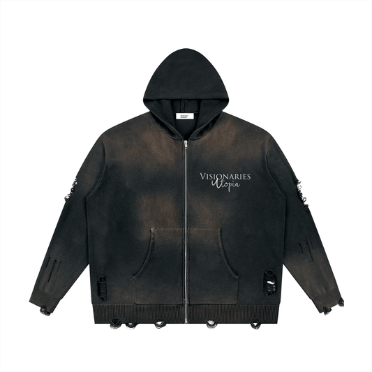 Unisex Distressed Full Zip Sweater