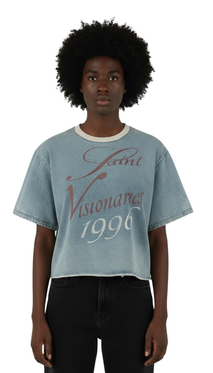 Unisex Vintage Wash Boxy Raw Hem Denim T-Shirt