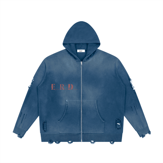 Unisex Distressed Full Zip Sweater
