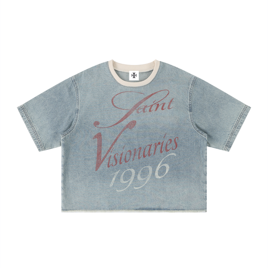Unisex Vintage Wash Boxy Raw Hem Denim T-Shirt