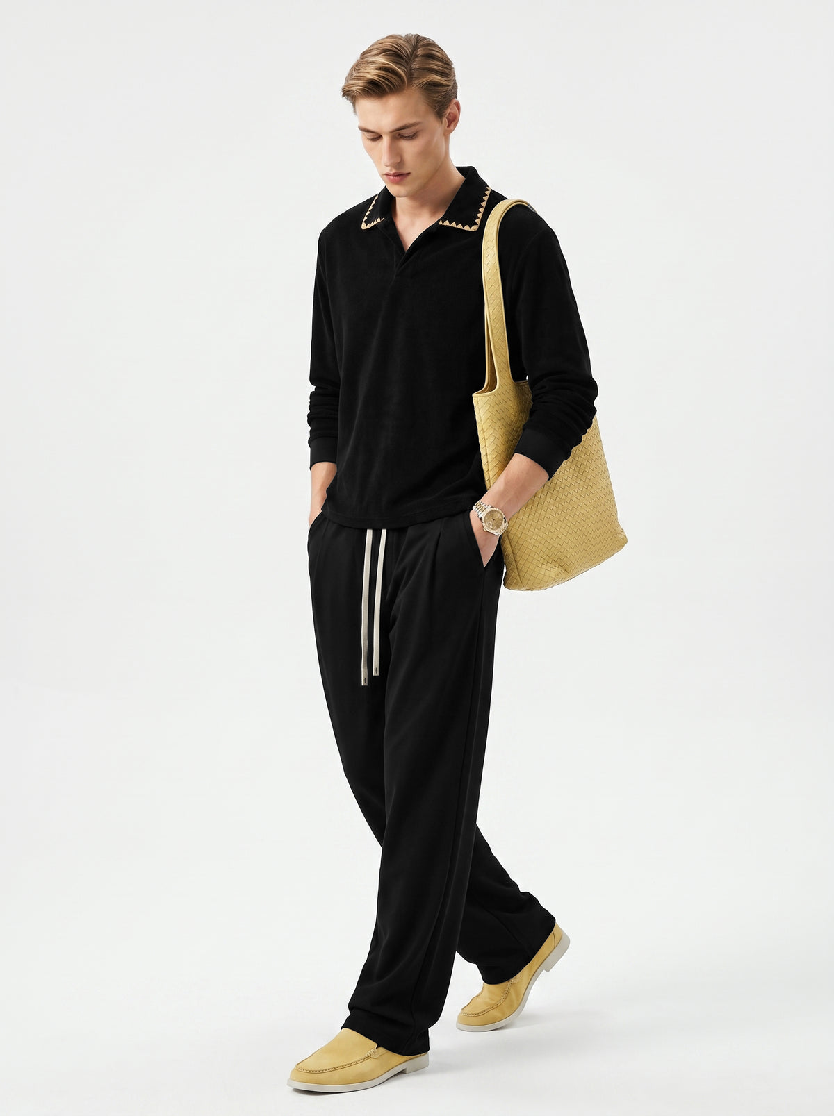 360GSM Men's Old Money Vintage Terry Polo Sweatshirt Black