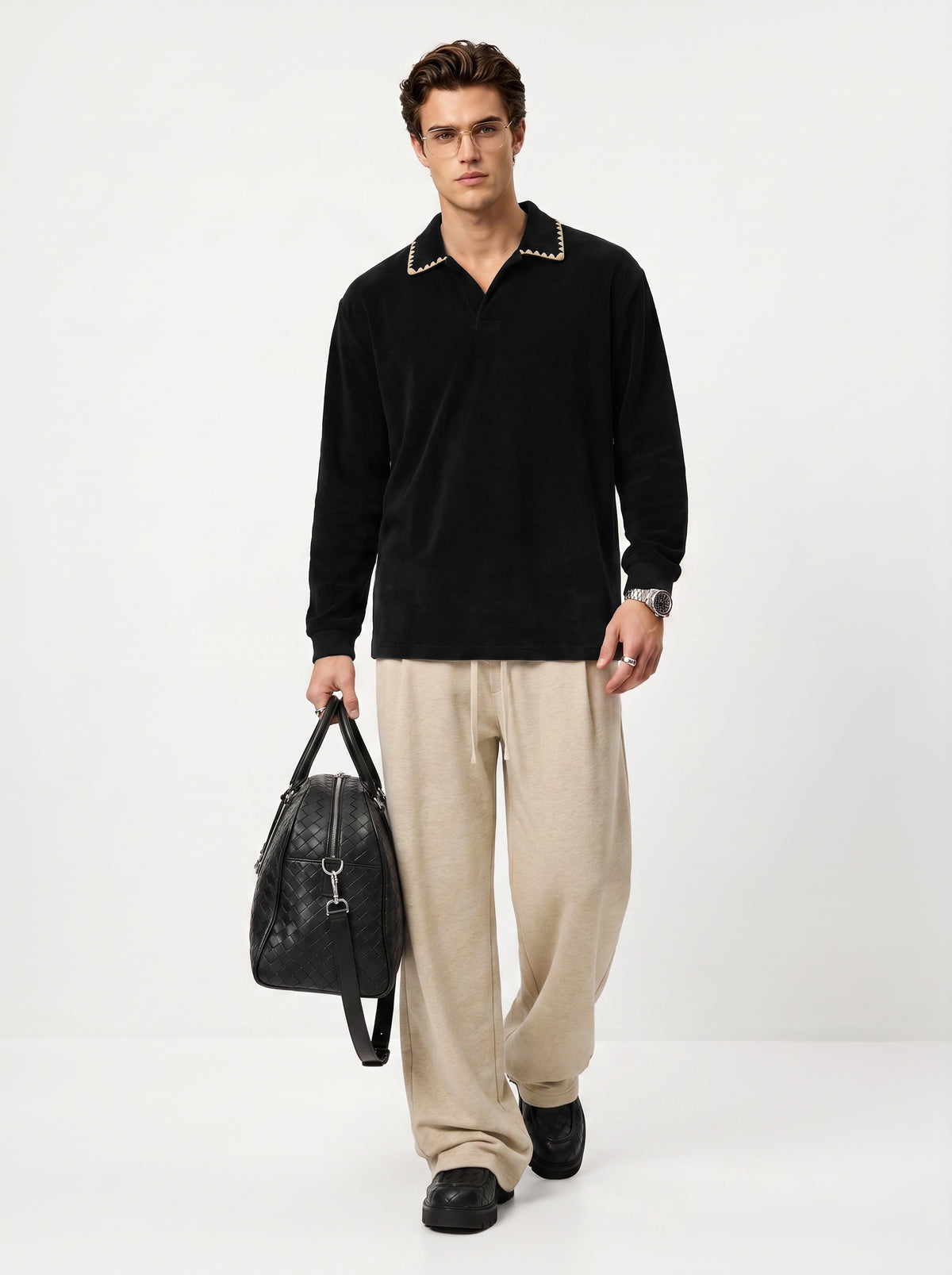 360GSM Men's Old Money Vintage Terry Polo Sweatshirt Black