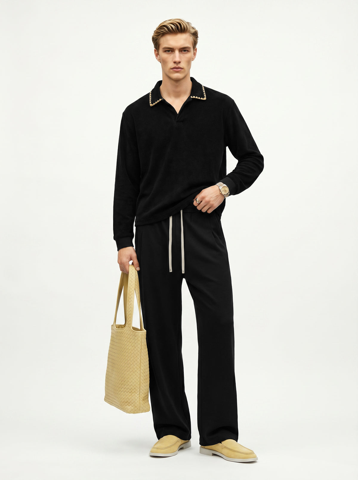 360GSM Men's Old Money Vintage Terry Polo Sweatshirt Black
