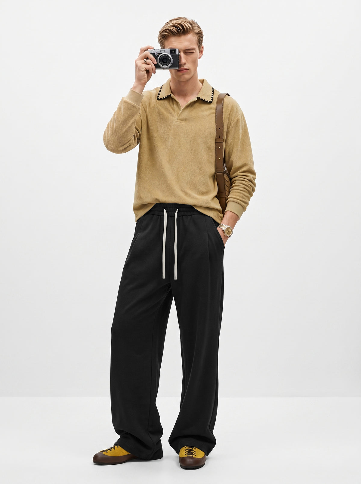 360GSM Men's Old Money Vintage Terry Polo Sweatshirt Khaki Apricot