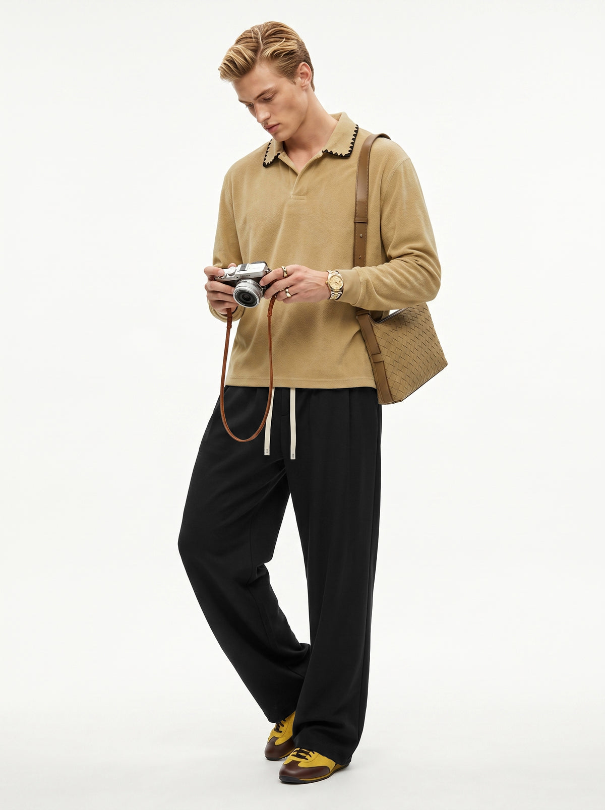 360GSM Men's Old Money Vintage Terry Polo Sweatshirt Khaki Apricot