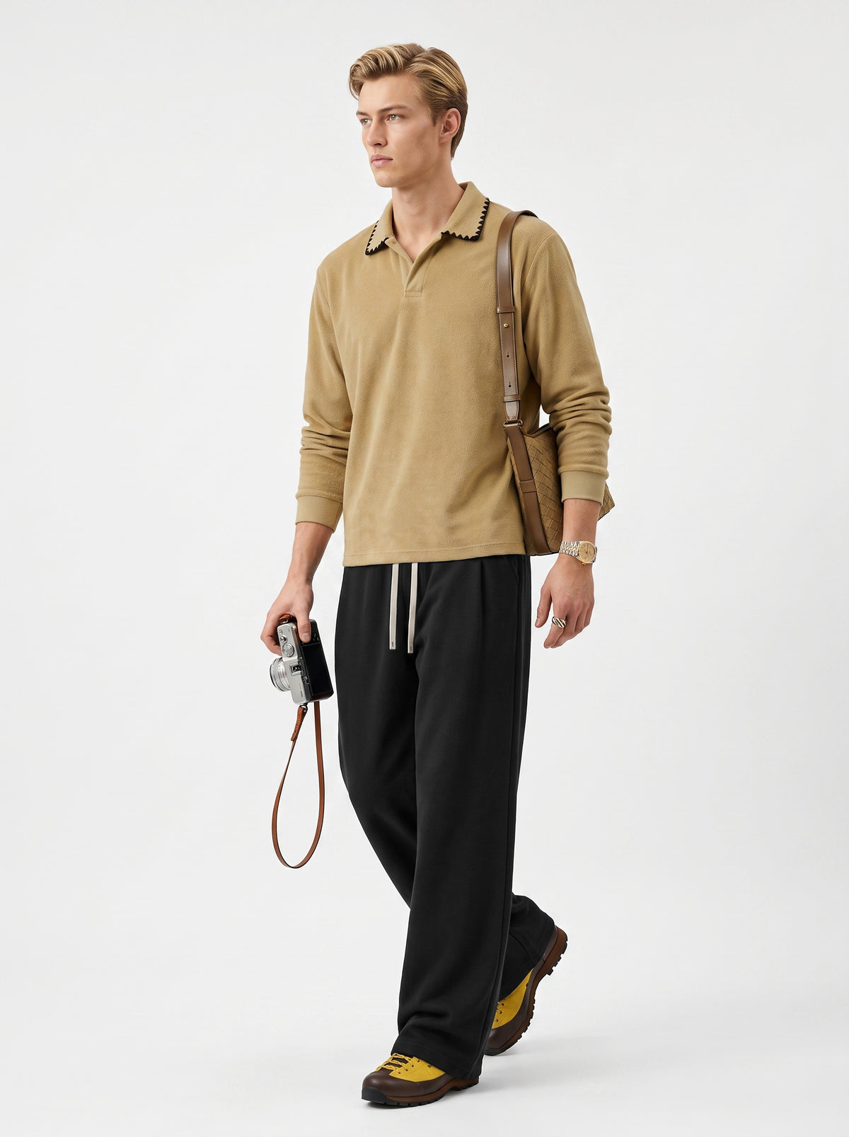 360GSM Men's Old Money Vintage Terry Polo Sweatshirt Khaki Apricot