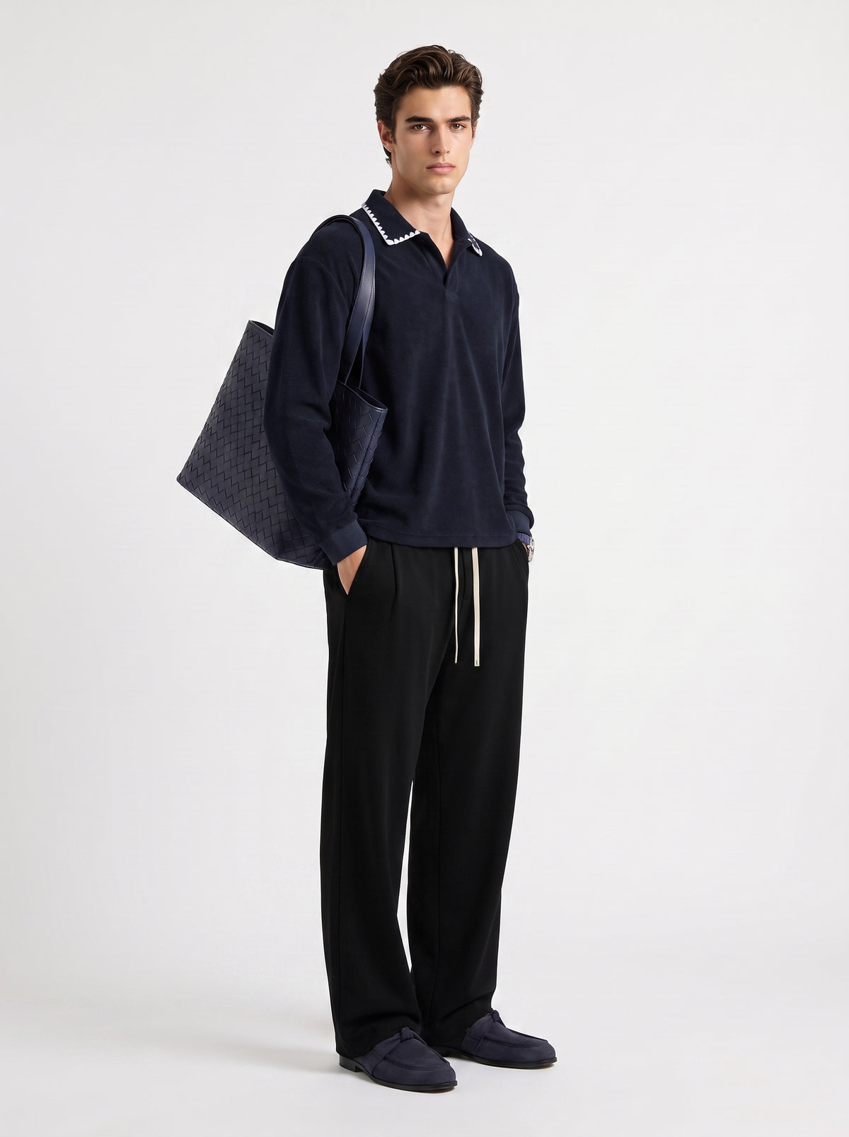 360GSM Men's Old Money Vintage Terry Polo Sweatshirt Navy Blue
