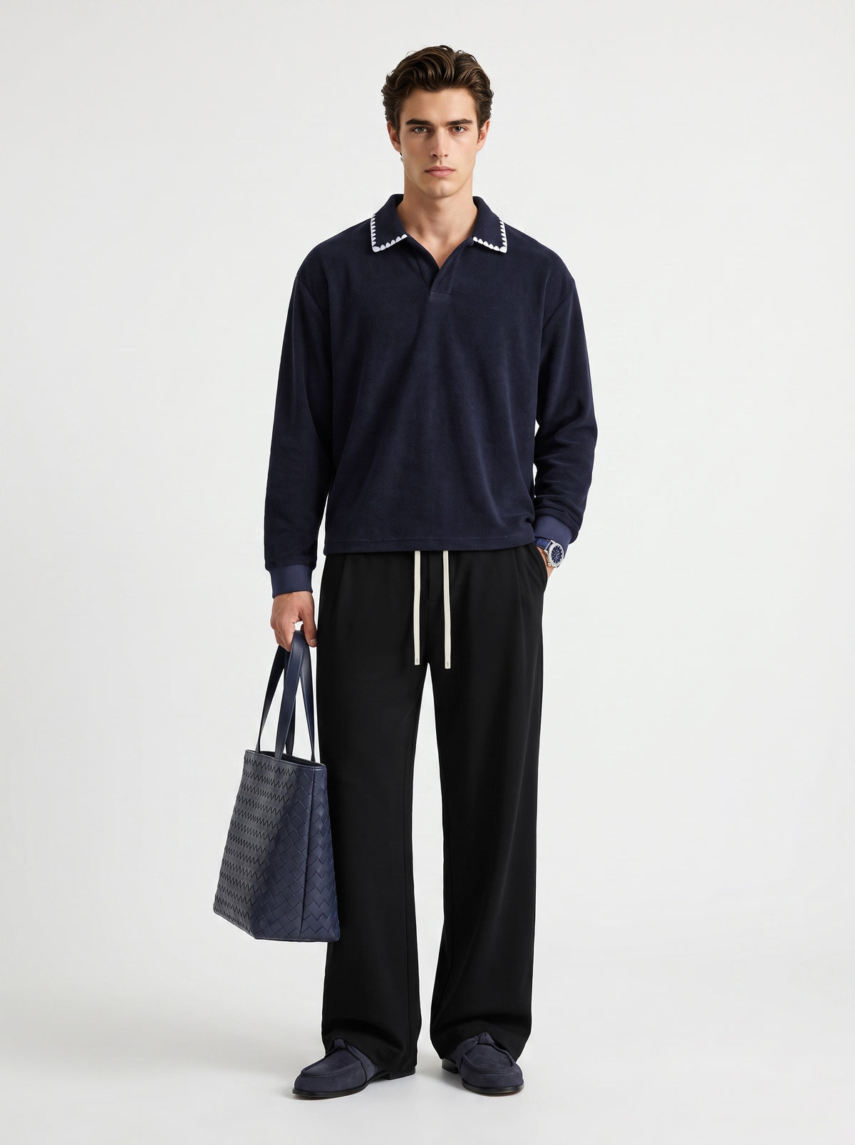 360GSM Men's Old Money Vintage Terry Polo Sweatshirt Navy Blue