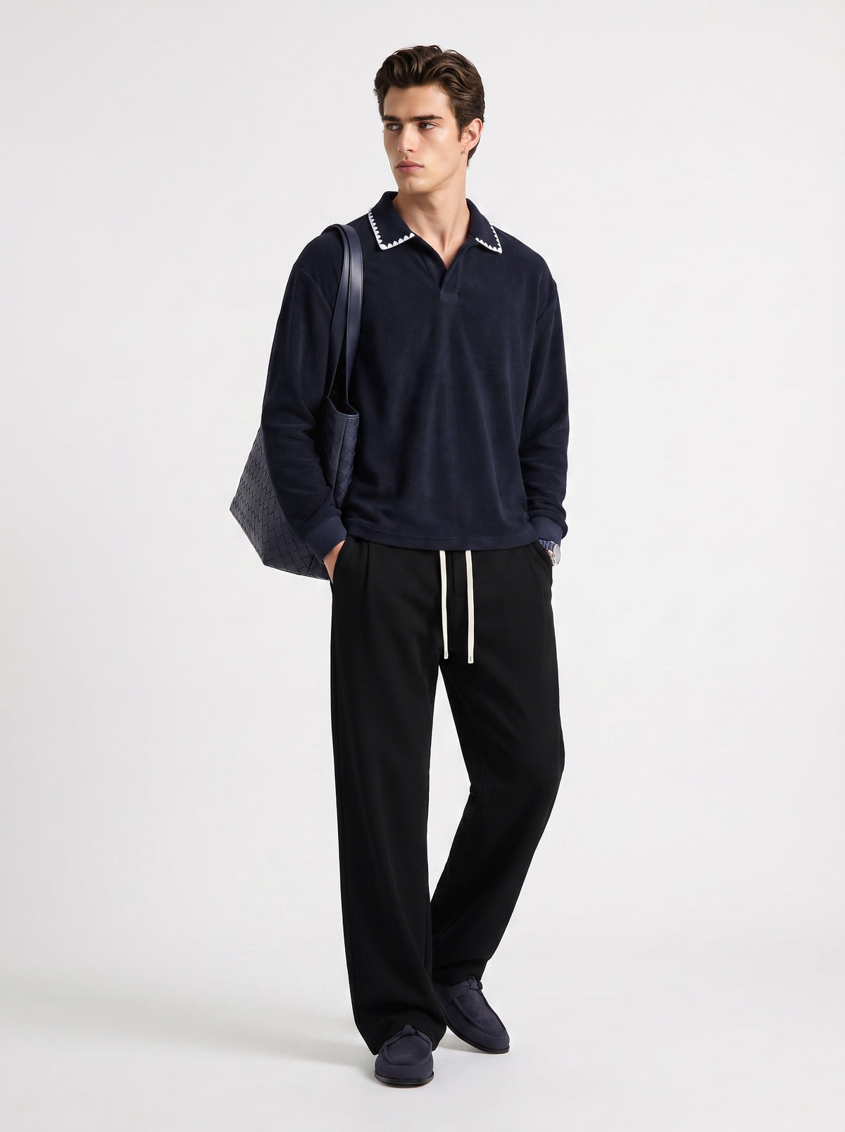 360GSM Men's Old Money Vintage Terry Polo Sweatshirt Navy Blue