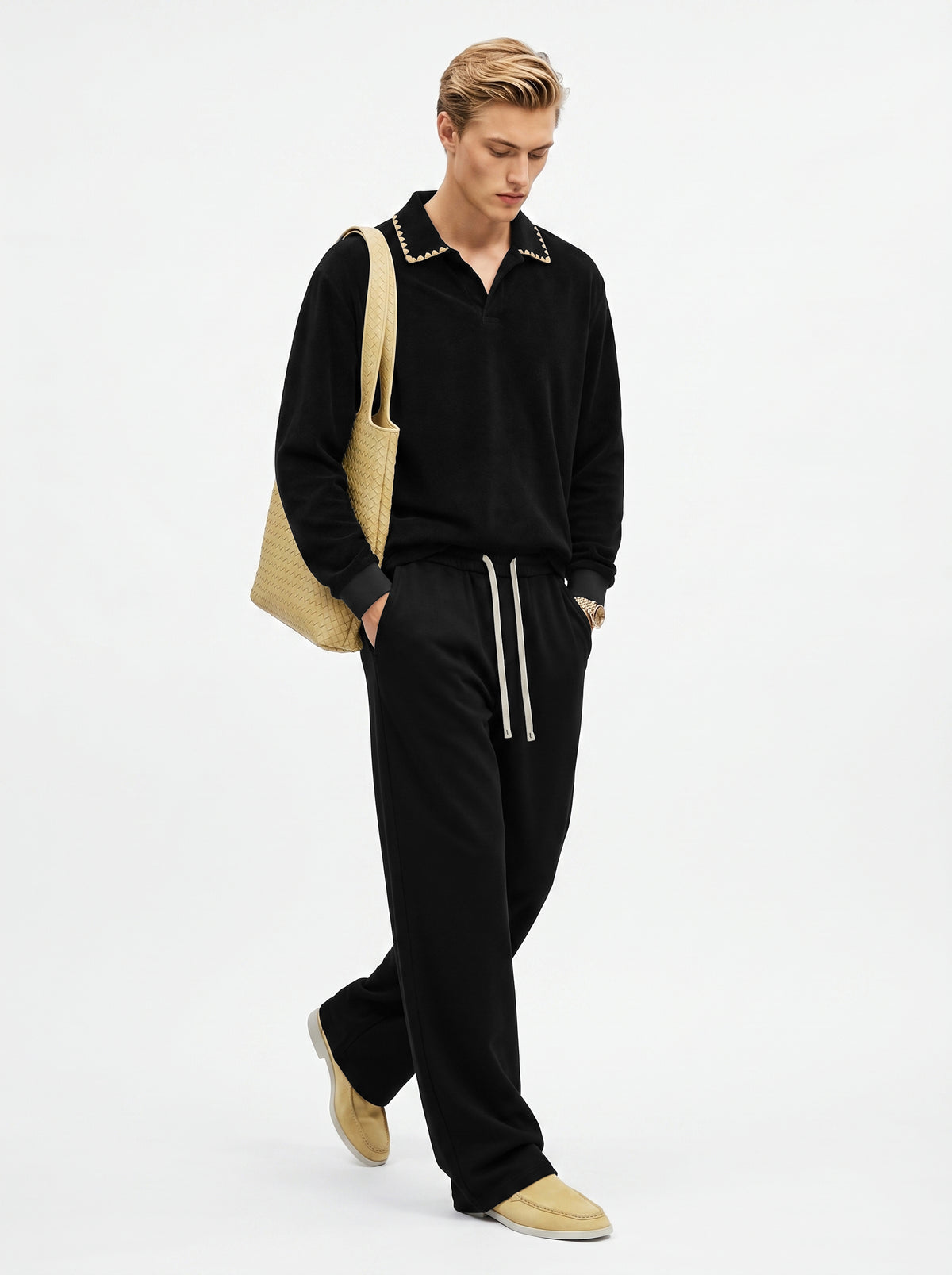 360GSM Men's Old Money Vintage Terry Polo Sweatshirt Black