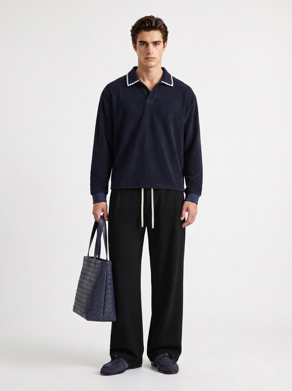 360GSM Men's Old Money Vintage Terry Polo Sweatshirt Navy Blue
