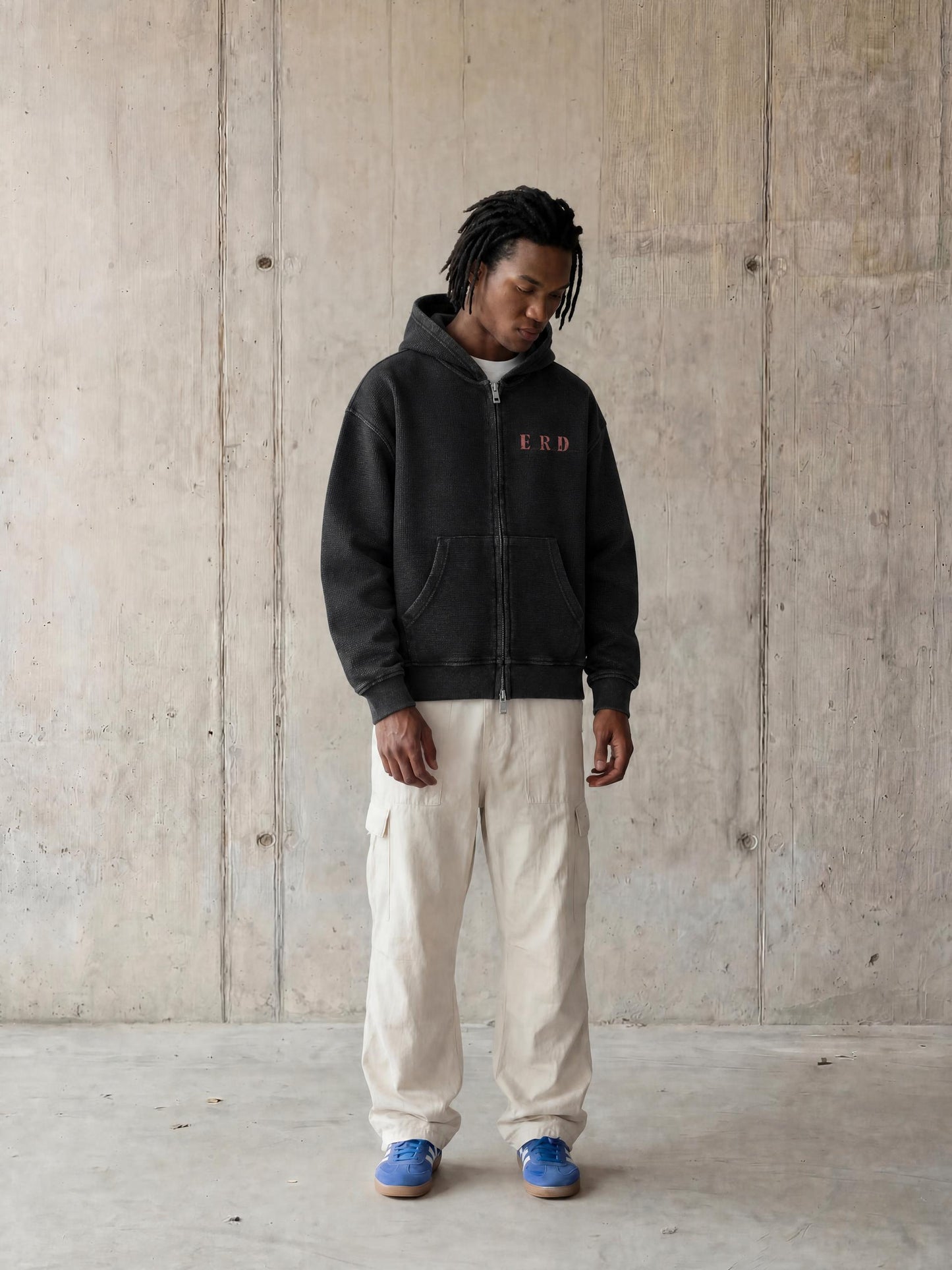 Unisex Vintage Wash Boxy Waffle Full Zip Hoodie