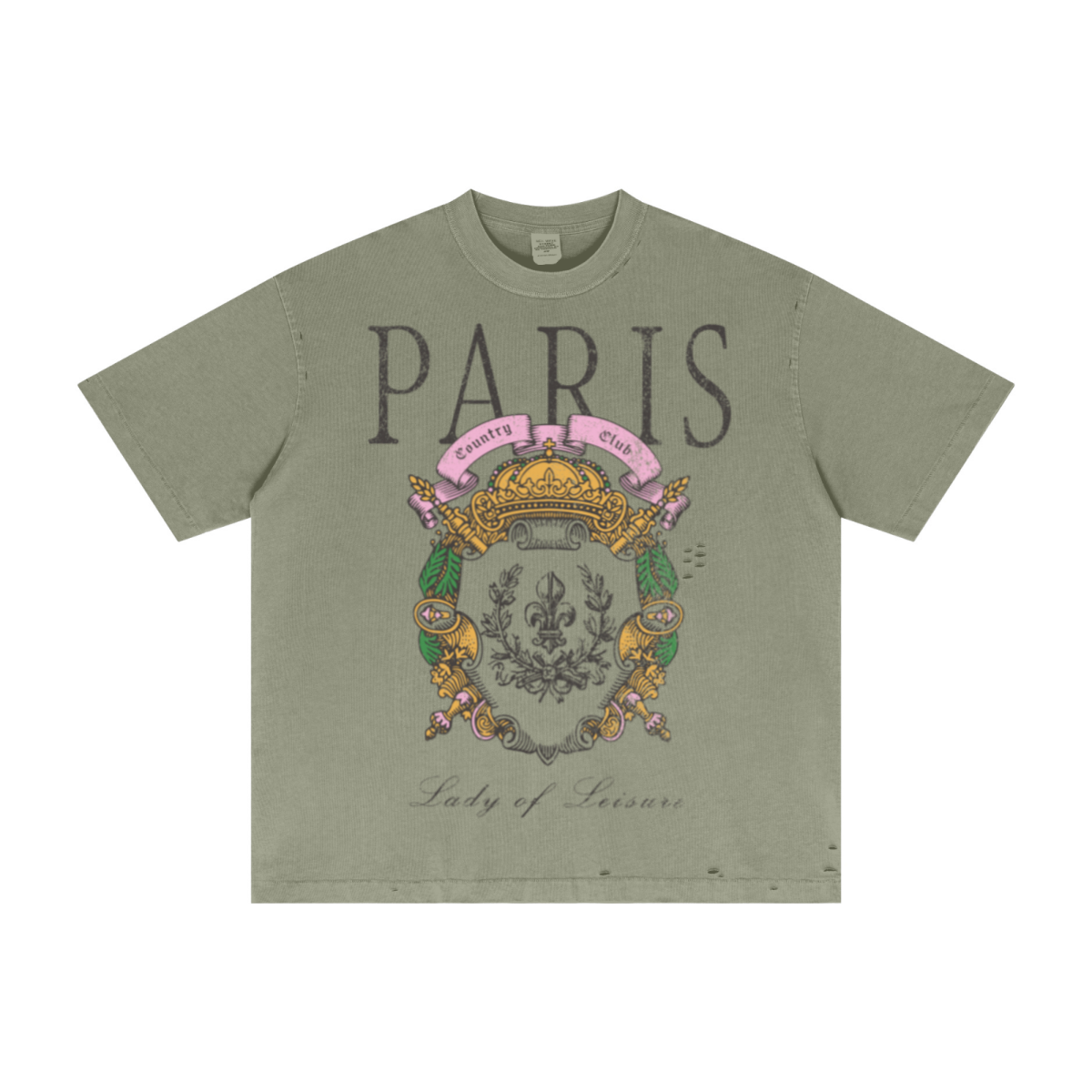 275GSM Unisex Vintage Wax-Dyed Cotton Distressed Rip T-shirt Grey Green