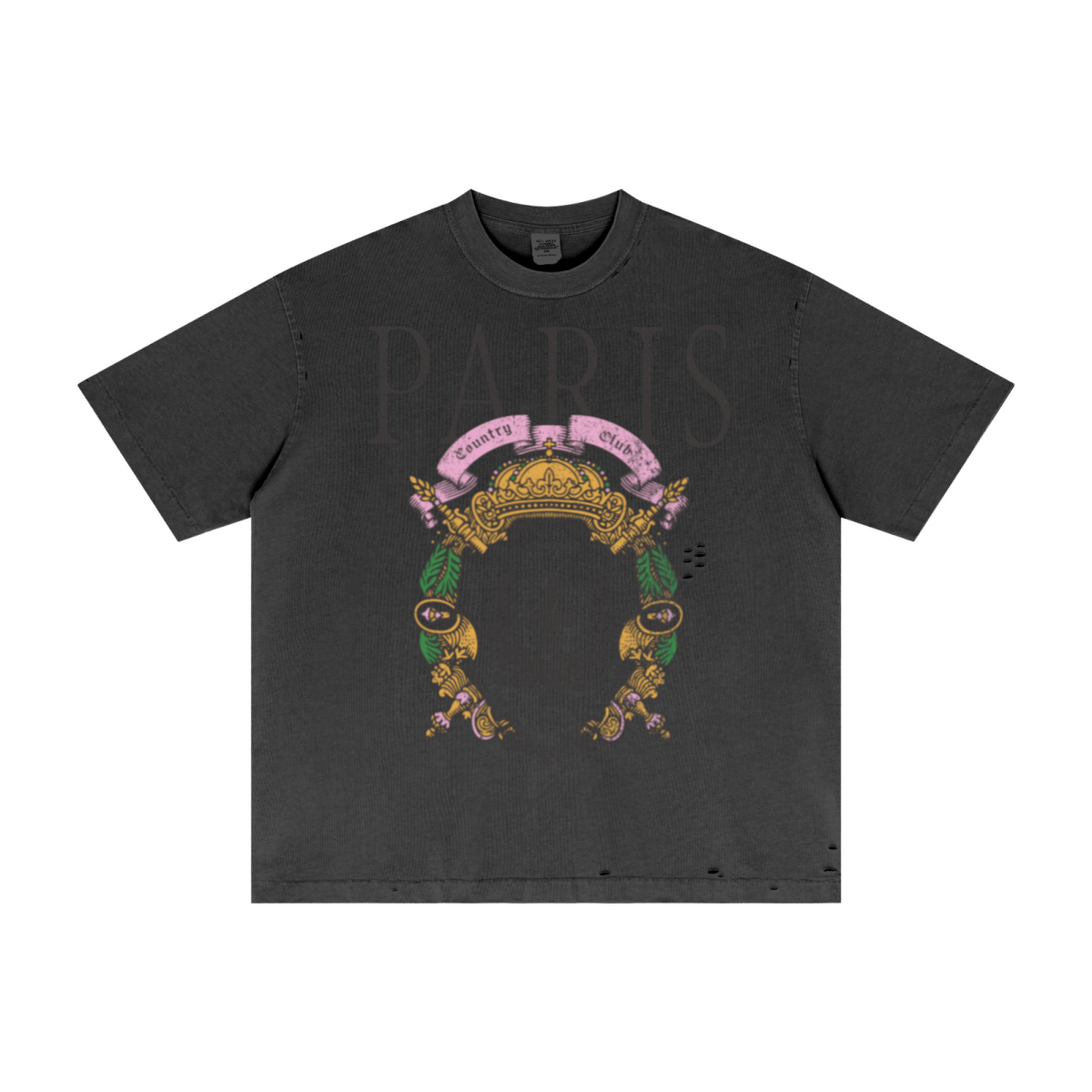 275GSM Unisex Vintage Wax-Dyed Cotton Distressed Rip T-shirt Dark Grey