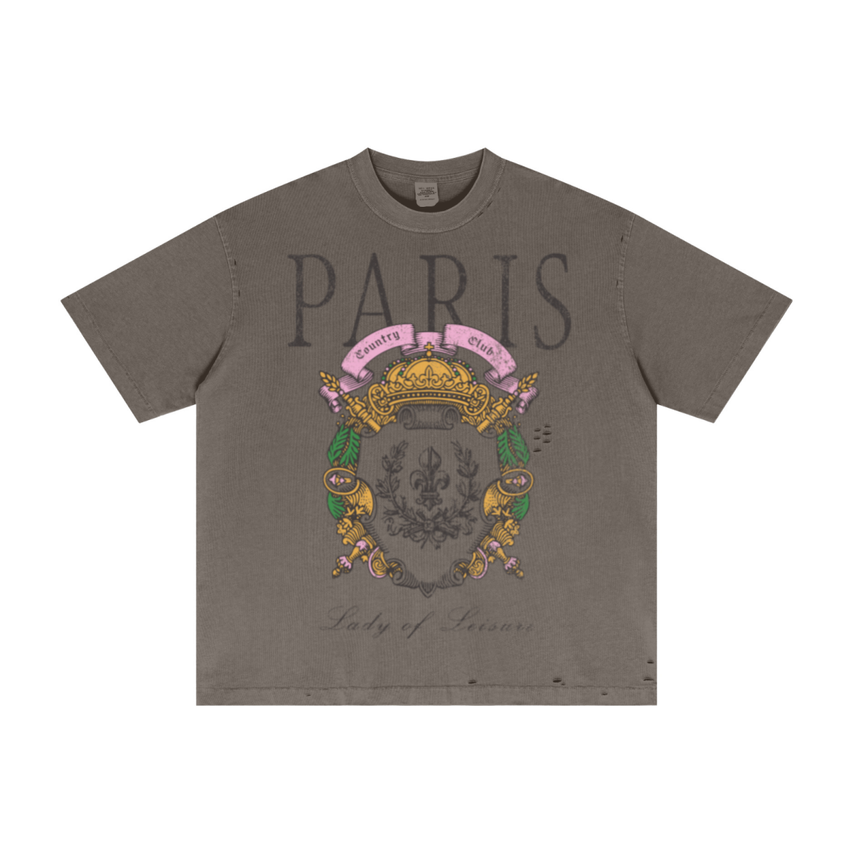 275GSM Unisex Vintage Wax-Dyed Cotton Distressed Rip T-shirt Coffee Brown