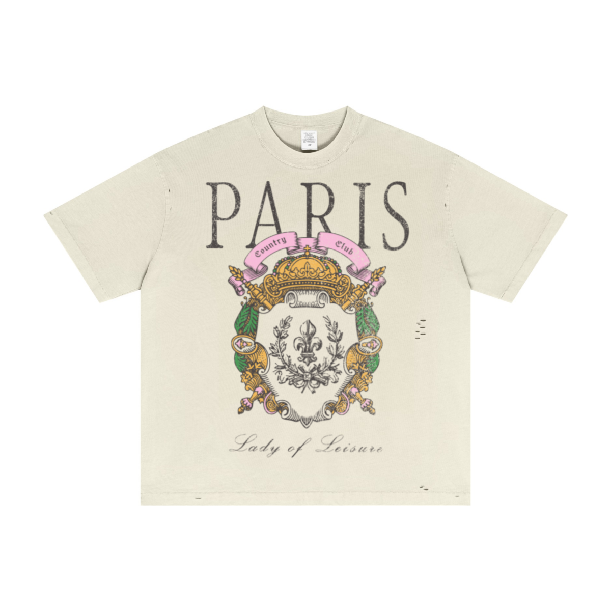 275GSM Unisex Vintage Wax-Dyed Cotton Distressed Rip T-shirt Grey Apricot