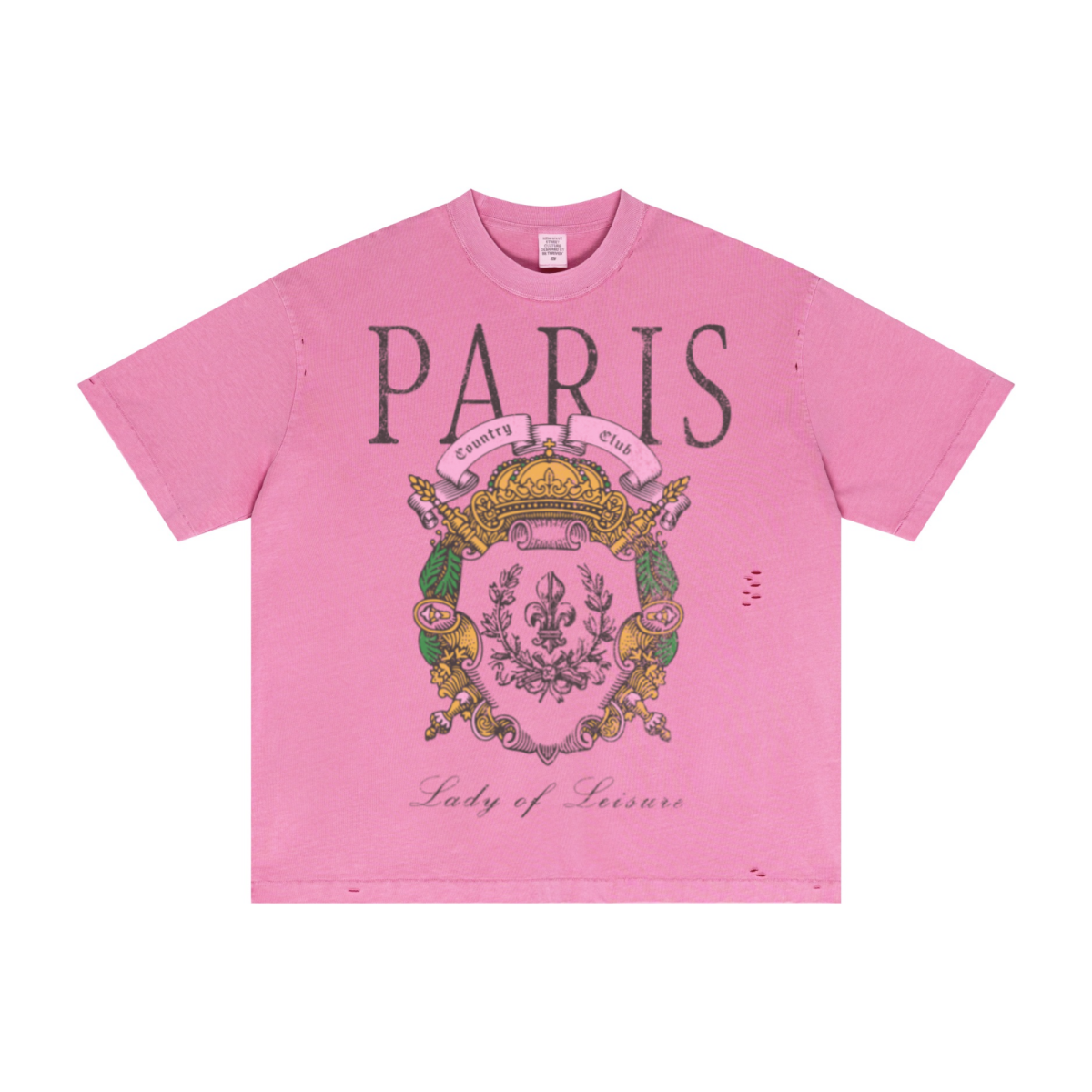 275GSM Unisex Vintage Wax-Dyed Cotton Distressed Rip T-shirt Rose Pink