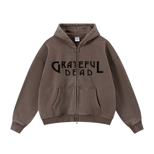 400GSM Unisex Vintage-Wash Boxy-Fit Zip-Up Hoodie Vintage Dark Brown